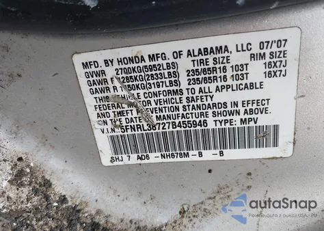 2007 Honda Odyssey Ex-L z USA, uszkodzony, nr VIN 5FNRL38727B455946